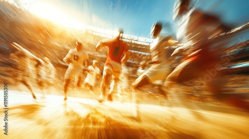 A dynamic photograph of athletes in action, frozen mid-movement with dramatic lighting and a blurred stadium backdrop for intensity