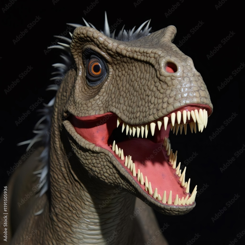 Close-up portrait of a menacing dinosaur with sharp teeth and scales Close-up portrait of a menacing dinosaur with sharp teeth and scales