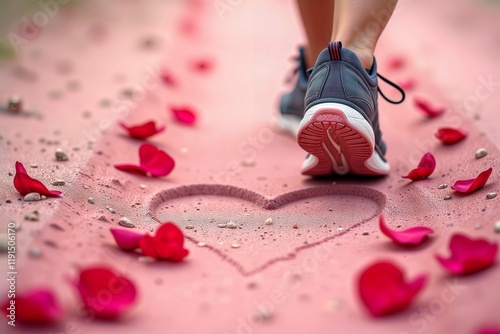 Heart Shape Running Track. Close-up of athletic shoe with heart impression on pink surface surrounded by rose petals.