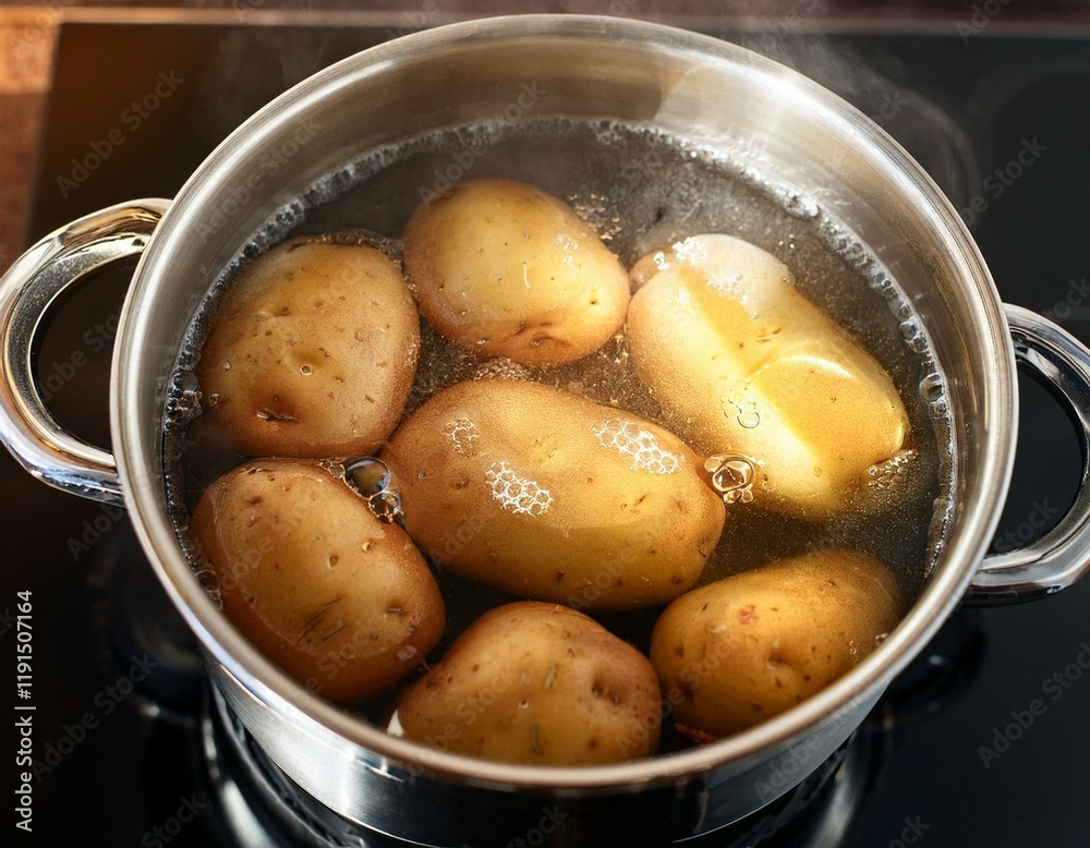 Generated image Potato in boiling water, kitchen preparation of a healthy meal, raw vegetable cooking