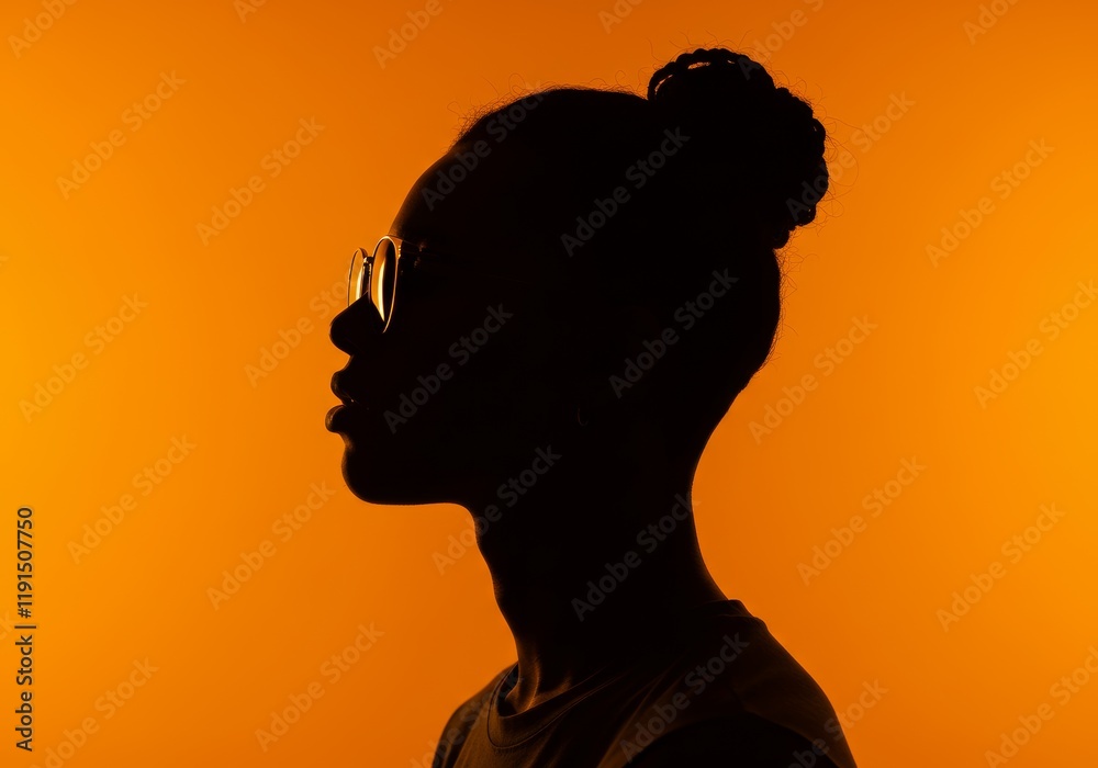 A profile silhouette of a young woman with a stylized bun and oversized sunglasses against a vibrant orange background.
A profile silhouette of a young woman with a stylized bun and oversized sunglasses against a vibrant orange background.