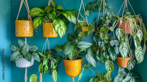 A Lush Green Wall Decorated with Hanging Yellow Planters and Plants