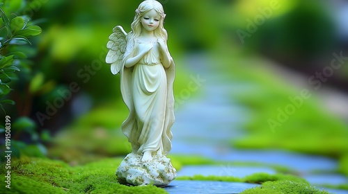 Angel Figurine Beside Stream in Garden