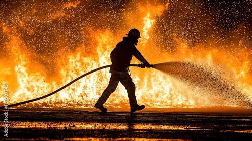 Firefighter extinguishing wildfires in an urban setting.