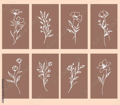 Flowers drawn by hand line, logo for design, on white background, Mocha Mousse colors - Pantone colors of 2025

