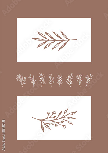 Flowers drawn by hand line, logo for design, on white background, Mocha Mousse colors - Pantone colors of 2025
