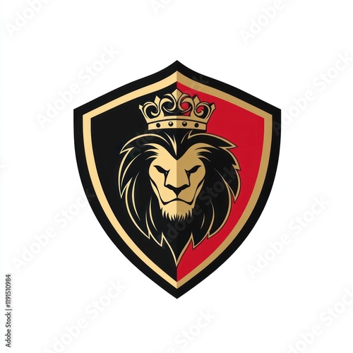 Crowned lion shield emblem, digital art, white background, logo design photo