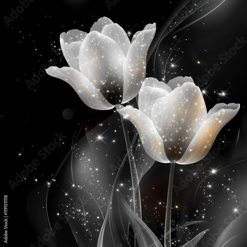 Glowing white tulips, dark background, sparkling, digital art, phone wallpaper