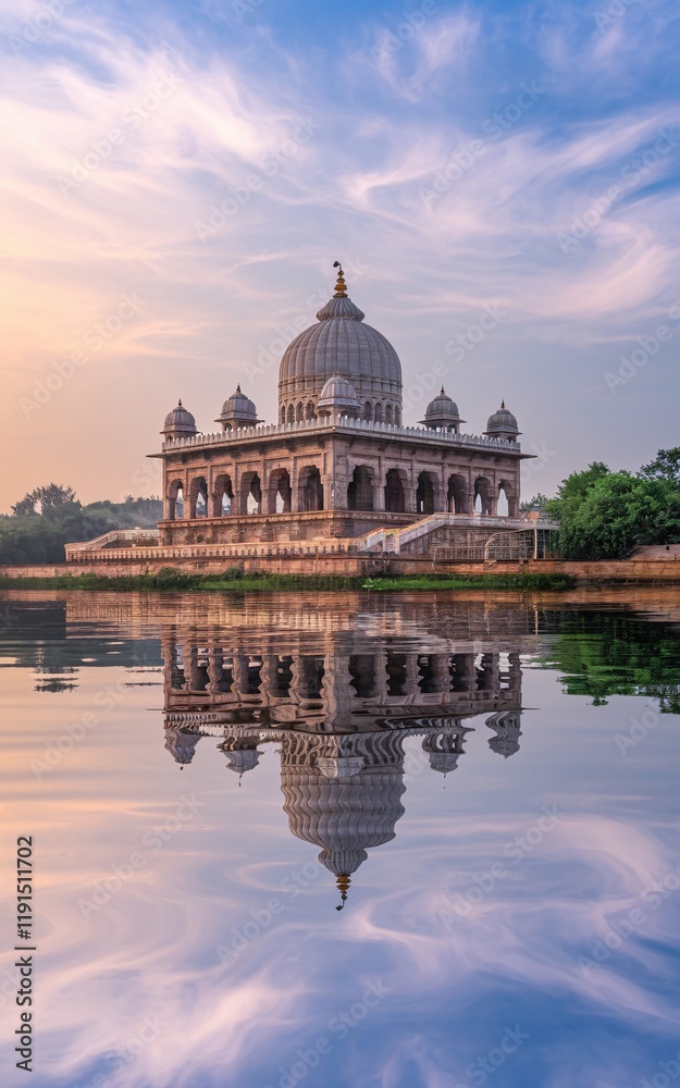 Fototapeta premium Serene temple reflected in calm water at sunrise.