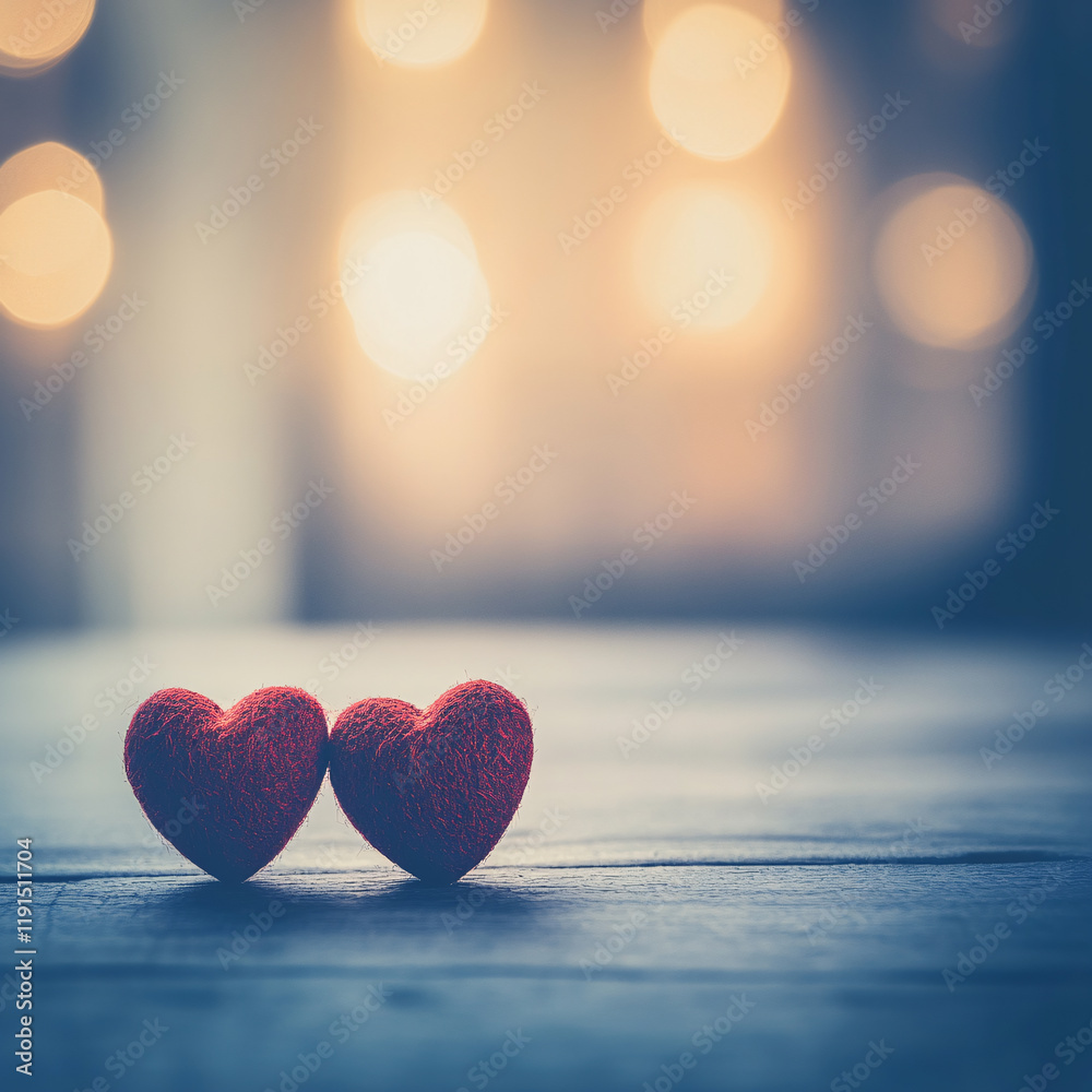Fototapeta premium Two red hearts placed on a rustic wooden surface, captured with soft lighting and delicate shadows to highlight the texture details