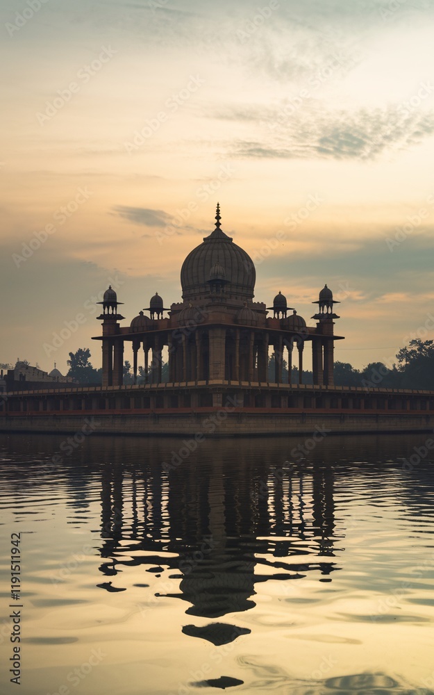 Obraz premium Sunrise reflection of a grand mausoleum on calm water.