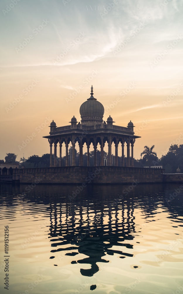 Obraz premium Sunrise over tranquil water reflecting ornate pavilion.