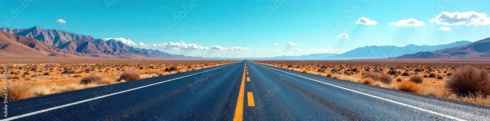 Naklejka premium Endless asphalt ribbon cutting through vibrant blue sky, landscape, sun