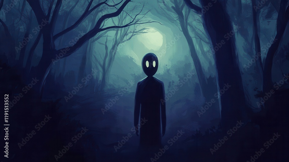 A shadowy figure stands in a dark and mysterious forest A shadowy figure stands in a dark and mysterious forest