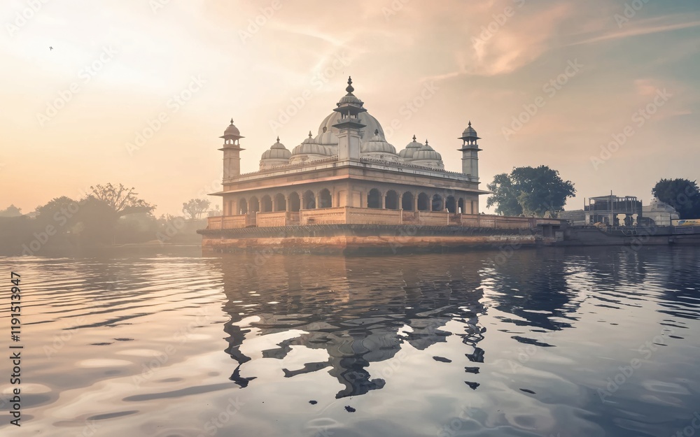 Obraz premium Sunrise view of a mosque on a lake.