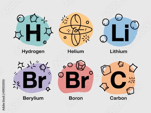 Six elements are presented with their symbols and atomic structures photo