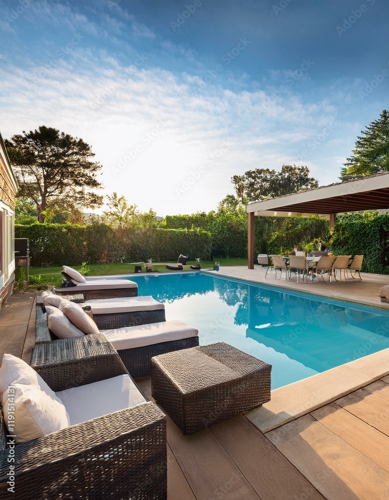 Fototapeta premium Generated image Luxurious backyard with a sparkling pool and comfortable patio furniture