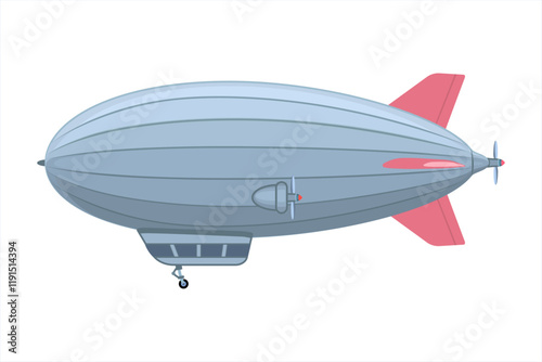 Big dirigible with propellers, rudder and cabin for passengers. Modern blue pink stylized airship. Flying zeppelin in air. Futuristic dirigibles. Outlined airship filled with hydrogen. Vector EPS 10.