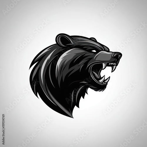 Roaring bear head logo, grayscale, isolated, mascot design