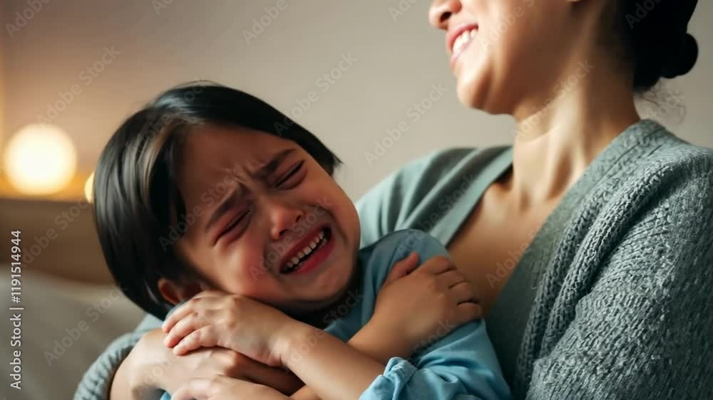 Comforting a crying child in a warm embrace at home Comforting a crying child in a warm embrace at home
