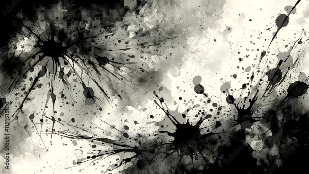 Abstract black and white ink splatter design with cloud-like textures.