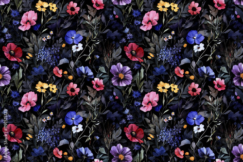 Midnight Bloom: A dark romantic seamless pattern of vibrant wildflowers, including poppies, pansies, and cornflowers, flourishing in a nocturnal garden setting. photo