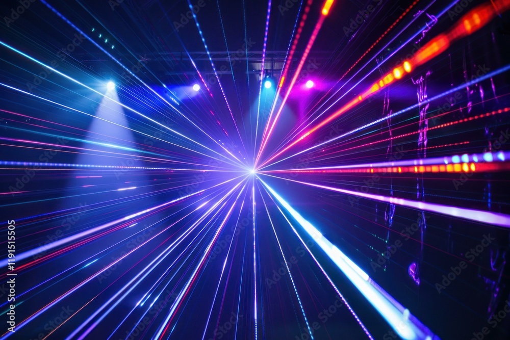 Obraz premium Colorful laser light beams radiate outwards creating a mesmerizing visual effect in a concert setting