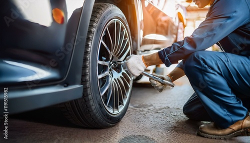 Wallpaper Mural Generated image Men tighten car wheel nuts for safety check with Torque Wrench. Car Repair Torontodigital.ca
