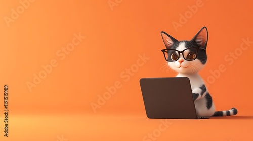 Tech-Savvy Feline: 3D Character of a Cat Wearing Glasses Working on a Laptop