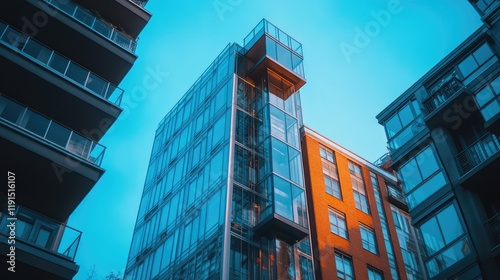 Modern Glass and Brick Buildings Rise Towards a Clear Blue Sky photo