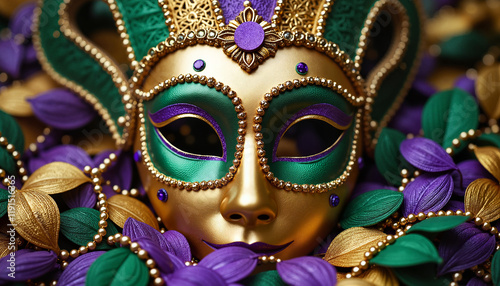 Mardi Gras mask close-up showcasing intricate design and vibrant decorations, copy space