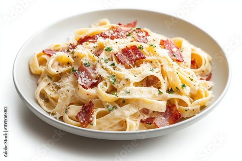 Creamy carbonara pasta topped with crispy pancetta and parmesan on a simple white plate photo