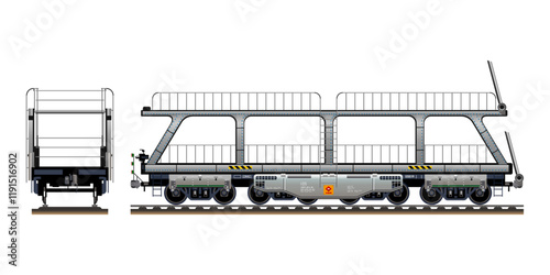 Car carrier railway carriage, locomotive wagon vehicle transporting cars on two levels 3D vector illustration