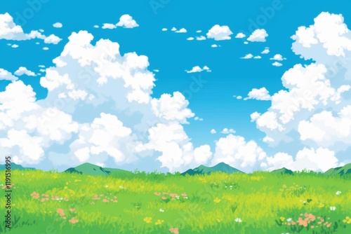 Sunny Meadow Landscape with Fluffy Clouds and Mountains