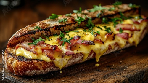 Melted Cheese and Bacon Sub on Toasted Bread photo