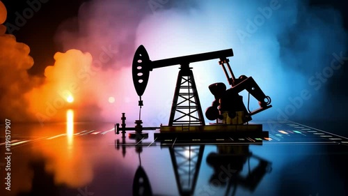 Dynamic oil pumpjack operating with colorful background vapor and reflections