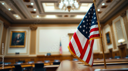 American flag displayed in a formal meeting room, with desks and portraits in the background.  A symbol of national pride and governance.