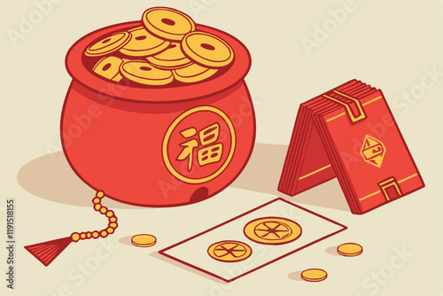 Red prosperity pot, golden coins, fortune, wealth, 3D rendering, luxurious, auspicious, Chinese New Year, vibrant colors, beige background, symbolic, photorealistic, high detail, studio lighting, good