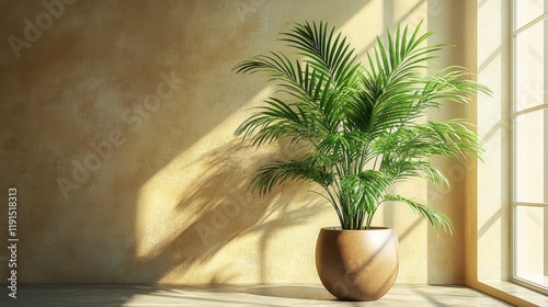 Lush green plant in bright interior space with soft light illuminating walls ...