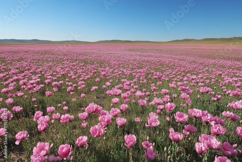 Vibrant pink flower field in a mountainous landscape during clear blue skies