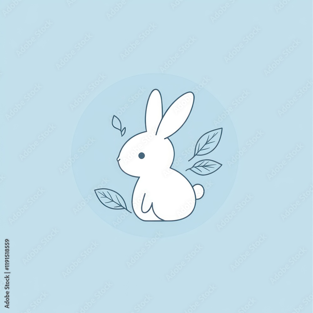 Fototapeta premium Cute bunny sitting amidst leaves, pastel background, spring design, kids' illustration