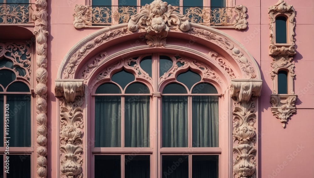 Obraz premium Ornate vintage window design on a pink facade