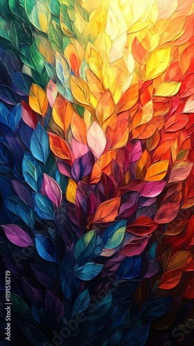 Colorful autumn leaves arranged in a vibrant display showcasing nature's beau...