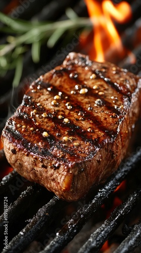 Perfectly Grilled Steak on Charcoal Barbecue with Flames and Smoke