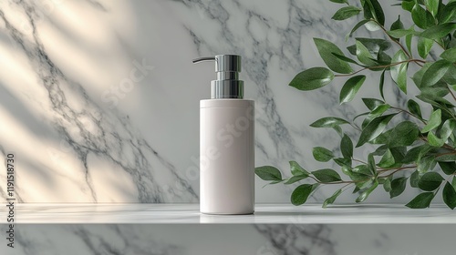 Wallpaper Mural Elegant skincare bottle surrounded by lush green plants on a marble surface in natural light Torontodigital.ca