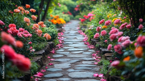 Stunning flower garden path with vibrant blooms leading to a serene destination