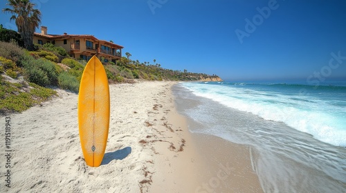 Sunlit beach with a surfboard at the shore during a vibrant afternoon