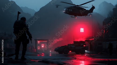 Soldier awaits helicopter rescue; night; mountains; red light; warzone