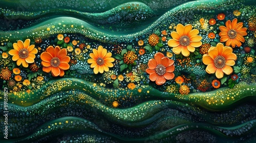 Vibrant orange flowers blooming in a lush green landscape with flowing patterns