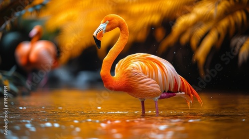 Bright flamingo standing gracefully in calm water surrounded by vibrant foliage